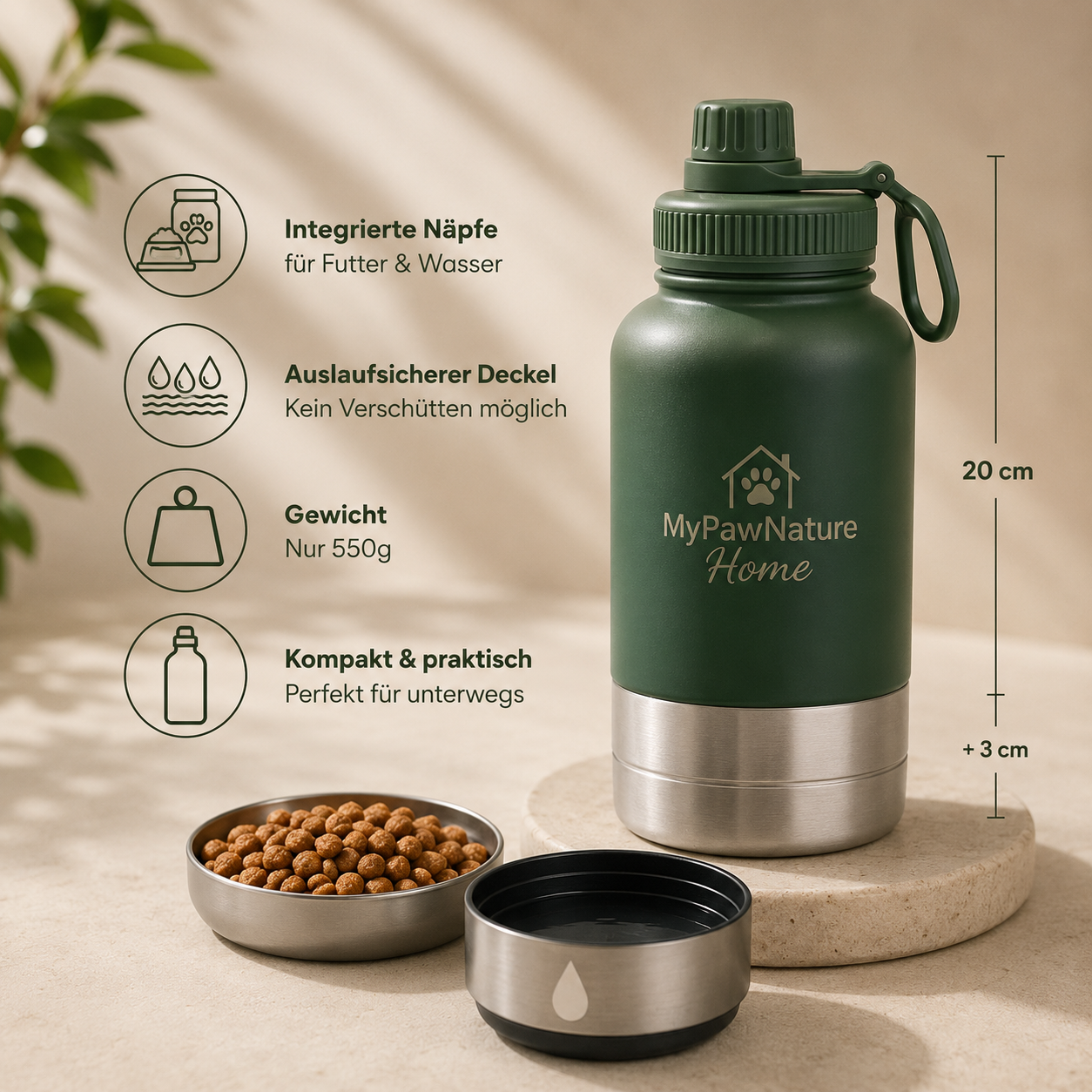 3 in 1 - Trinkflasche mit Näpfen für Hunde & Katzen